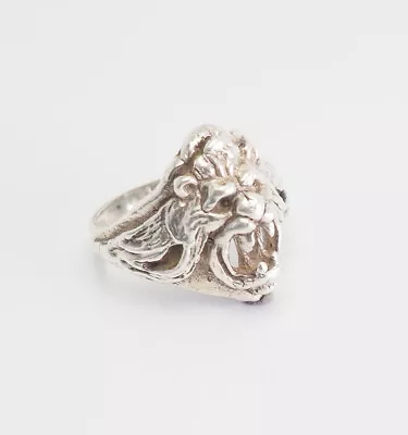 Vintage Handmade Detailed Lion Head Animal Wild Cat Sterling Silver Ring Sz 9.5 • $50