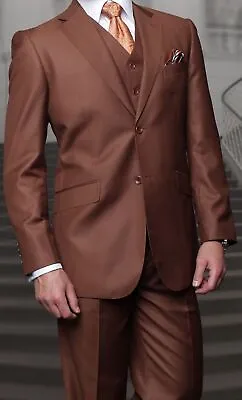 Mens 3 Piece Copper 150's Wool Designer Business Suit Double Breasted Vest 40L • $99.99