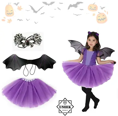 BAT WINGS TUTU COSTUME Kids Halloween Gothic Vampire Fancy Dress Outfit NEW UK • £13.18