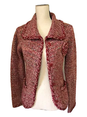 Monton Sweater Cardigan Jacket With Rose Embellishment Red Multi Pockets Import • $49.99