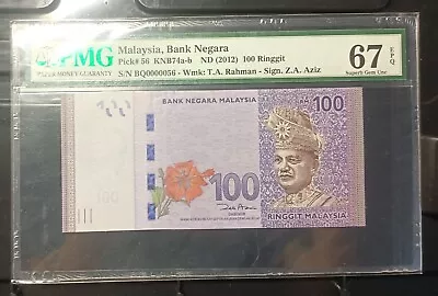 Malaysia Banknote Rm100 Pmg67epq Low Number Bq0000056 Zeti Gabenor • $118