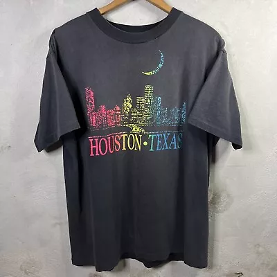 VTG 90s Houston Texas Neon Distressed Faded Well Worn Grunge TShirt - L/XL • $18.49
