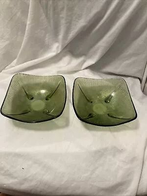 Vintage MCM Green Glass Ribbed Bowls Candy/ Nut 6.5” • $11