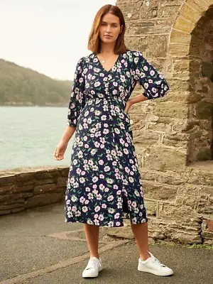 Crew Clothing Navy Blue Pink Lila V-Neck 3/4 Sleeve Midi Summer Dress Size 10 38 • £32.99