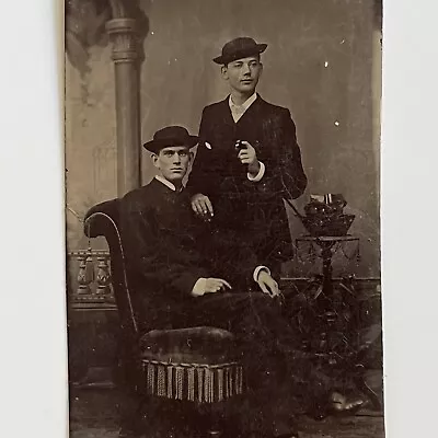 Antique Tintype Photograph Handsome Young Men Affectionate Rascal Smoking Cigar • $54.95