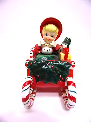 $180 • Buy Vintage Lefton Ceramic Christmas Candy Cane Sleigh & Shopper Girl