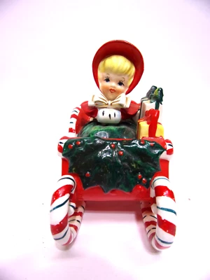 $180 • Buy Vintage Lefton Ceramic Christmas Candy Cane Sleigh & Shopper Girl