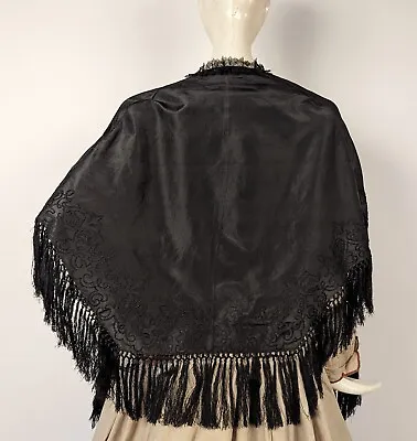 Civil War 1850’s Black Silk Taffeta Mourning Mantle Cape W Soutache For Dress • $285