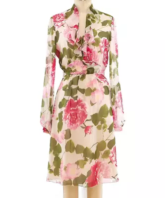 AUTH Vintage RUNWAY Valentino Layered Floral Printed Silk Dress 44/8 • $350