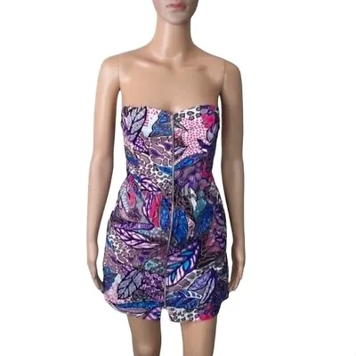 Floral Dress Sz 8 Pockets Strapless Abstract Print Cocktail Purple Casual Party • $38.33