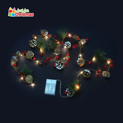 7Ft Christmas String Lights - Pine Cone Red Berry And Bell Garland Fairy Light • £7.89