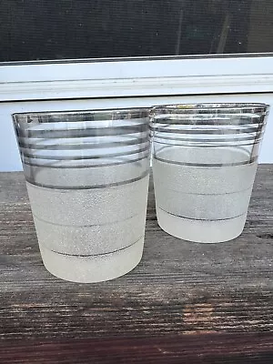 Vintage Juice / Rock Glasses Set 2 Frosted Bottom Silver Striped Top - 6 Oz • $10