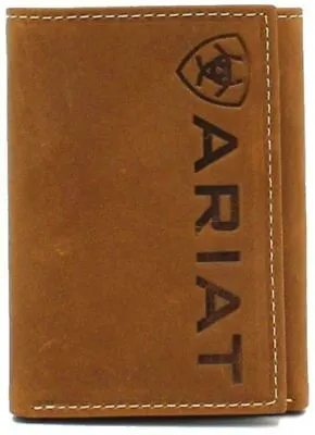 Ariat Mens Leather Vertical Logo Tri-fold Wallet Medium Brown • $45