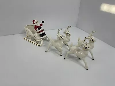 Vintage Holland Mold MCM Ceramic Santa & Sleigh 4 Reindeer Christmas Display • $89.99