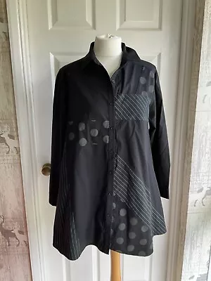 Yong Kim Black Grey Polka Striped Panel Lagenlook Shirt Blouse Size 12 • £30