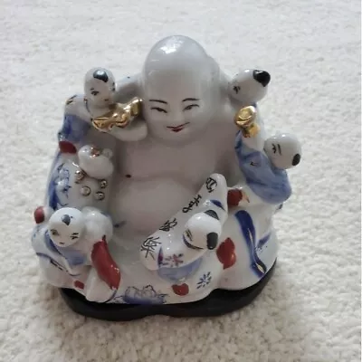 Vintage Chinese Porcelain Laughing Buddha With Children Statue • £46.56