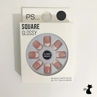 Primark False Nails Square Gloss Classic French 24 Nails Glue 🐾 Artificial Nail • £4.79