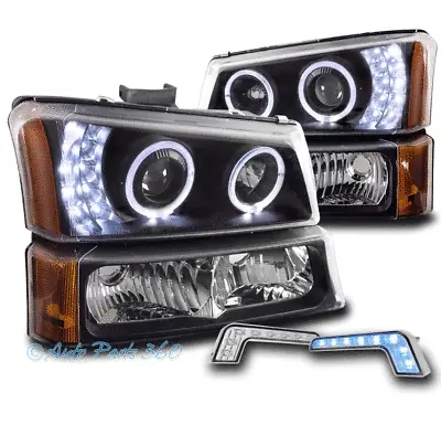 For 03-06 Chevy Silverado Halo Led Black Projector Headlight+bumper Blue Drl Kit • $165.95