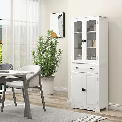 £134.99 • Buy 160cm Kitchen Cupboard Storage Cabinet W/ Shelves & Drawer, Glass Door, White