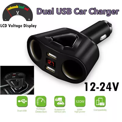 LCD Car Dual USB Charger Cigarette Lighter Socket Splitter 12-24V Power Adapter • $10.99