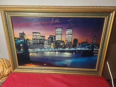 Vintage New York Skyline Twin Towers Water Picture Light & Sound 25X18” • $99