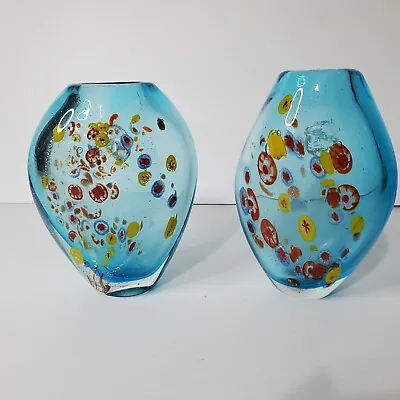 Blue Millefiori Murano Style Vase Art Glass Vintage Matching Set Of 2 Decor  • $99.99