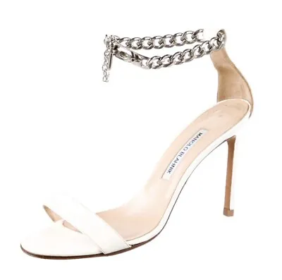 Manolo Blahnik Chaos Chain Link Silver White Leather Sandal Heels Women's 9 39.5 • $115