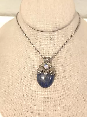 Vintage Huge Heavy Sterling Silver Blue Lapis And Moonstone Necklace 17  • $79