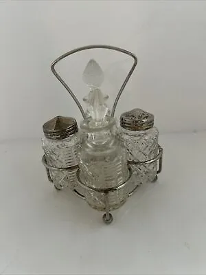 Vintage 1950s Condiment Caddy Salt Pepper Oil & Vinnegar W/Lids Silver Plate • $9.99