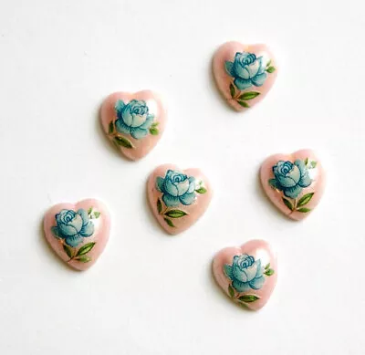 $3.99 • Buy Vintage Glass Heart Cabochons Blue Rose On Pink Japan 8mm (6) Cab422H
