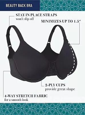 Vanity Fair Womens Beauty Back Smoothing Minimizer Bra Midnight Black 40DDD • $19.99