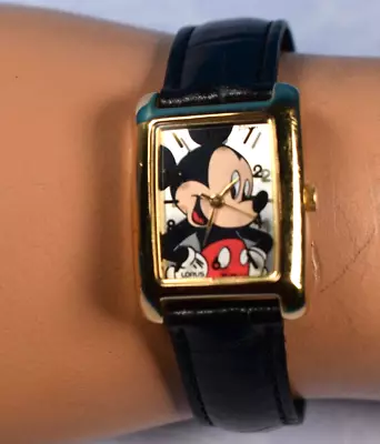 Vintage Disney Mickey Mouse Lorus Watch Unisex Gold Tone Leather  New Battery • $34.95