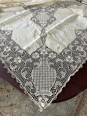 Handmade Point De Venise Needle Lace Banquet Tablecloth / 10 Napkins  Set  119” • $249.99