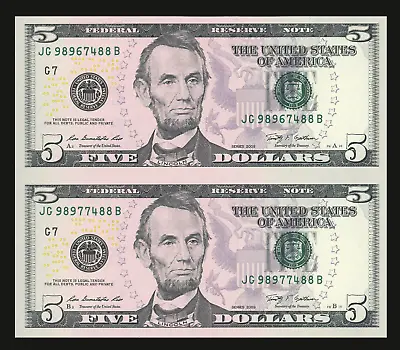 Uncut Sheet Of 2 $5 Bills Series 2009 Crisp Real Connected US Paper Money • $28.99