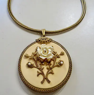 VTG. SIGNED MIRIAM HASKELL Large Yellow Bakelite Pendant/Celluloid Rose Necklace • $99