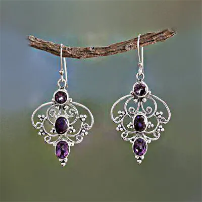 Women's Vintage Silver Purple Crystal Hollow Flower Drop Hook Earrings Jewelry • $1.46
