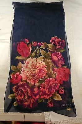 Ellen Tracy Silk Scarf Navy With Floral Pink & Reds Pattern 14.  X 68  Gorgeous! • $24.99