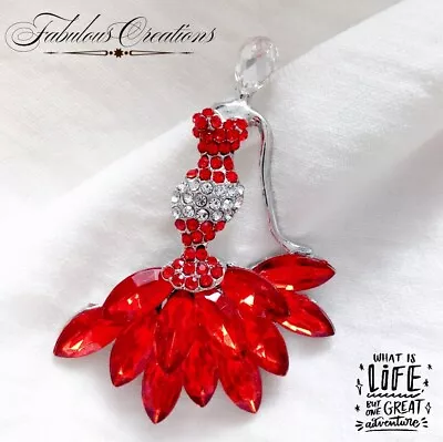£6.39 • Buy Woman Lady In Red Dress Brooch Pendant Vintage Deco Style Crystal Broach Gift