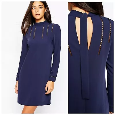 NEW REISS CHRISTINA NAVY ROUND NECK TIE BACK SHIFT DRESS Sz-6 $295 • $55.99