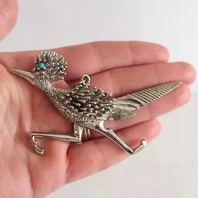 Vintage Silver Tone Unmarked Roadrunner Bird Pendant Large 4  Faux Turquoise • $19.51