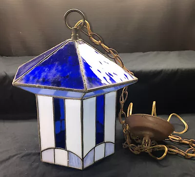 Vintage Blue White & Delft Blue Stained Glass Swag Lamp • $149.99