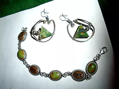 Vintage 925 Sterling/copper/polished Green-brown Stone Link Bracelet/earrings • $6