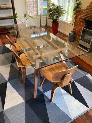 $600 • Buy Glass Dining Table With 6 Replica Eames Walnut Chairs