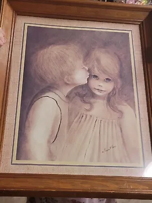 Margaret Kane “A Little Kiss” Framed Print 14”x17  Vintage Big Eye Boy & Girl • $60