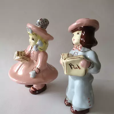 Vtg Modglins California Pottery Pr Figurines Girl Boy W Story Book Pink Blue • $22.25