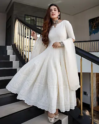 Indian Women White Stitched Anarkali Gown Kurta Set With Dupatta Wedding Dress • $65.99