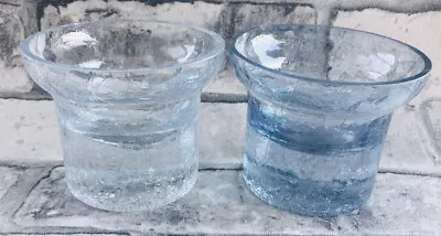 Tea Light Votive Candle  Holder Crackle Glass 1 Clear 1 Blue Krosno Poland Vgc • £19.99