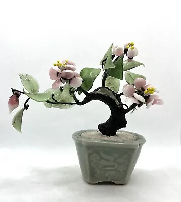 Vintage Chinese Glass Bonsai Tree Jade Pink Flowers In Asian Ceramic Celadon Pot • $35