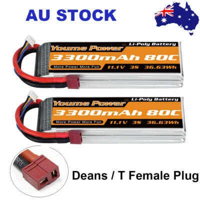 $62.69 • Buy 2pcs Youme 3S 3300mAh 11.1V 80C Deans LiPo Battery For RC Helicopter Drone Truck