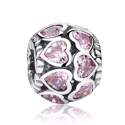 $27.99 • Buy SOLID Sterling Silver Lots Of Love Pink Hearts CZ Charm By Unique Designs